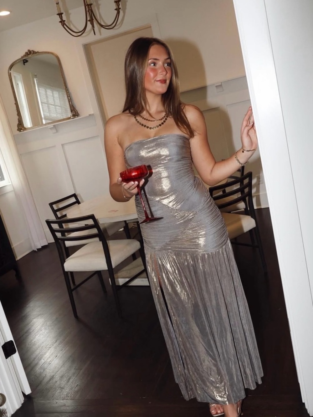 Strapless Metallic Silver Evening Gown